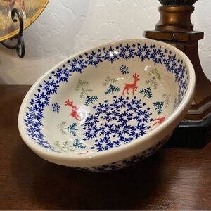 Boleslawiec Polish Pottery Christmas Reindeer Bowl Handmade marked G. Zdunek 200